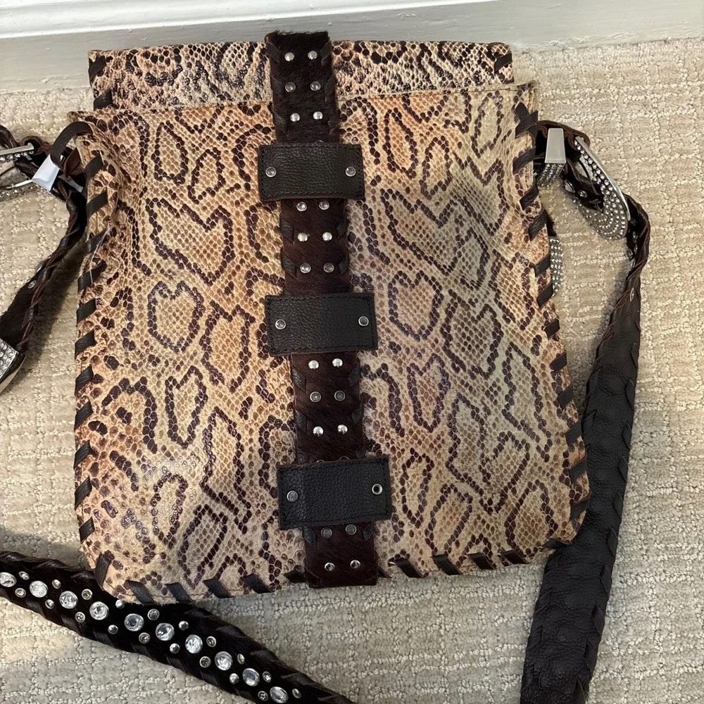 Charm‎ & Luck Genuine Leather Hobo Snakeskin Bag Rhinestone Cowgirl Festival